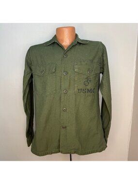 Vintage 1960s USMC Shirt, Sateen OG 107 Cotton Sateen, Size S/M, US Marine Corps